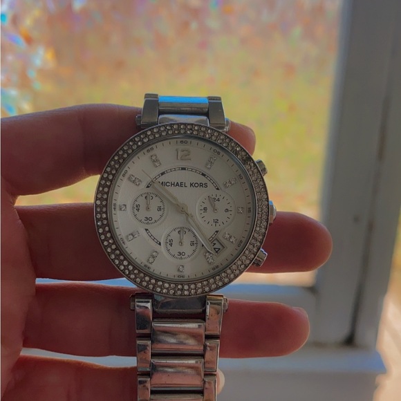Michael Kors Jewelry - Michael Kors Silver Chronograph Watch with Crystal Details